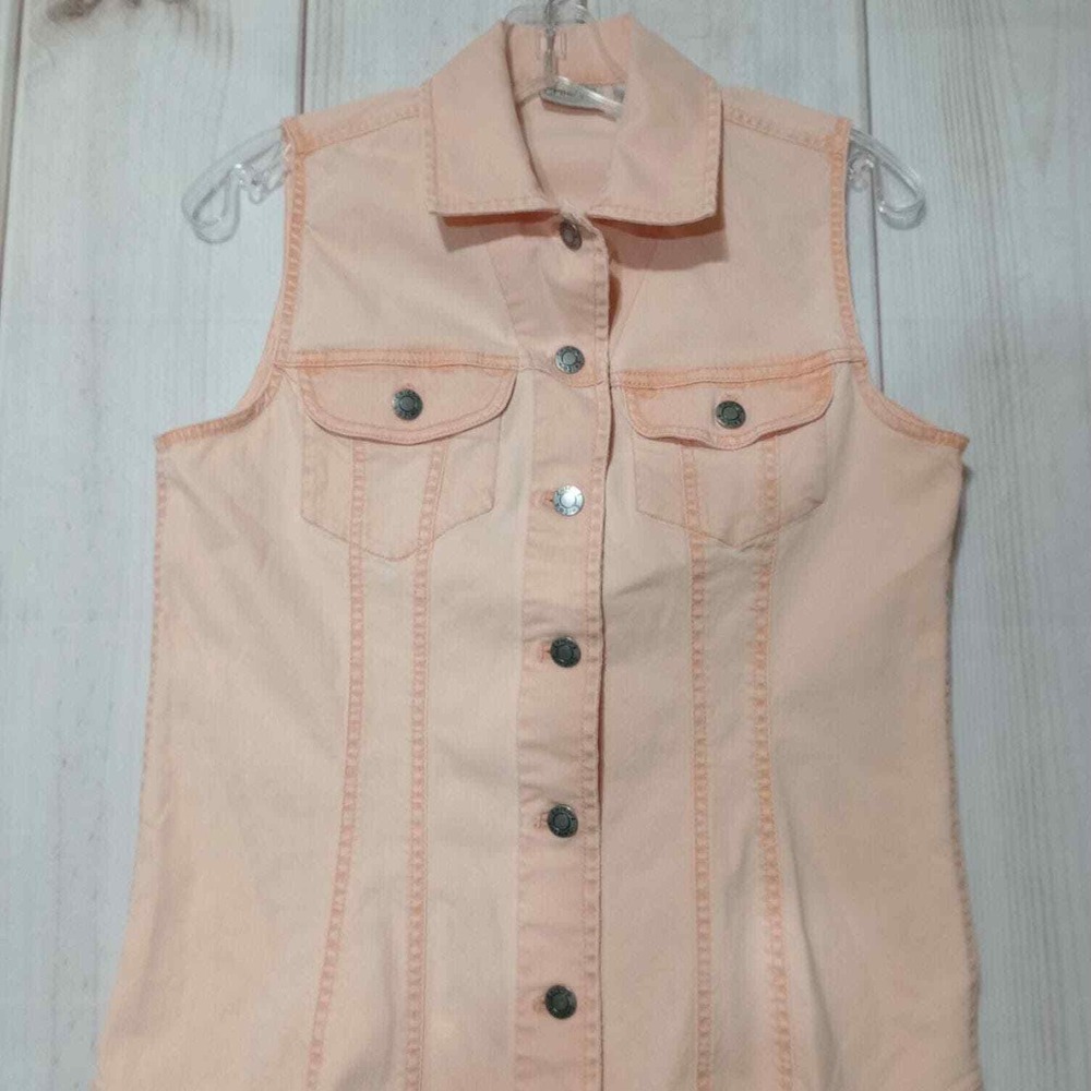 Chicos 0 Peach Denim‎ Vest Womens S Apricot Orange Button Front Cotton Stretch